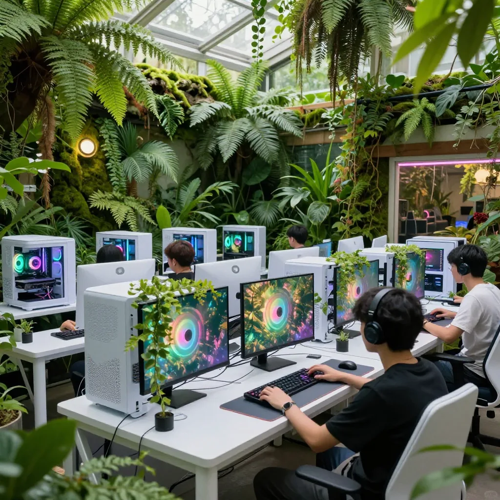 A bright, plant-filled corner of SPAWNPOINT with white PCs among green ferns and a seated player